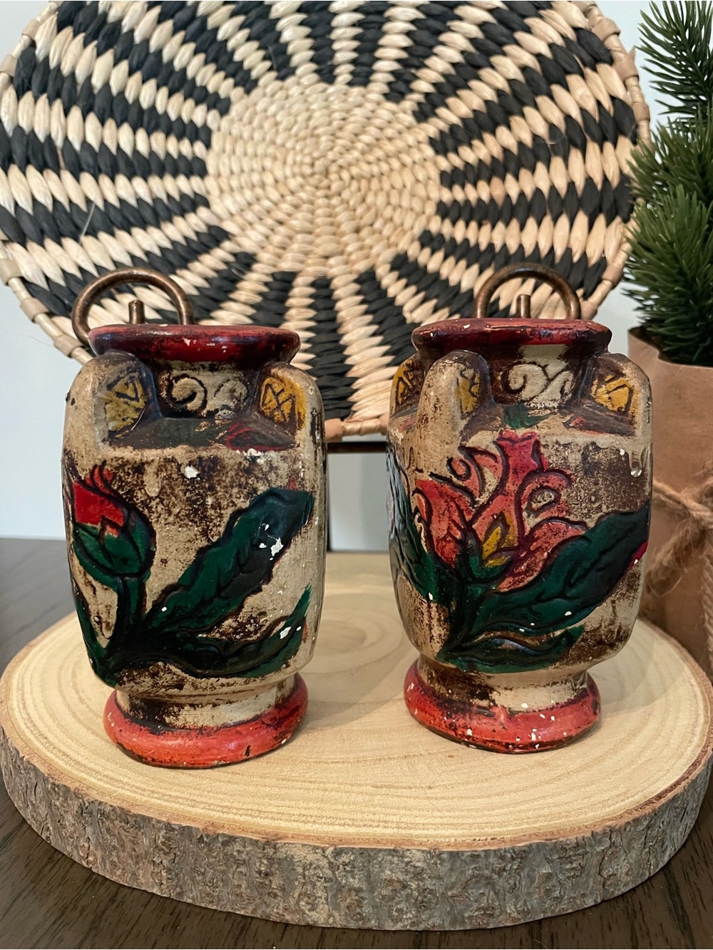 Hand-Painted Rustic Floral Chalk ware Vases in Red, Green and Cream